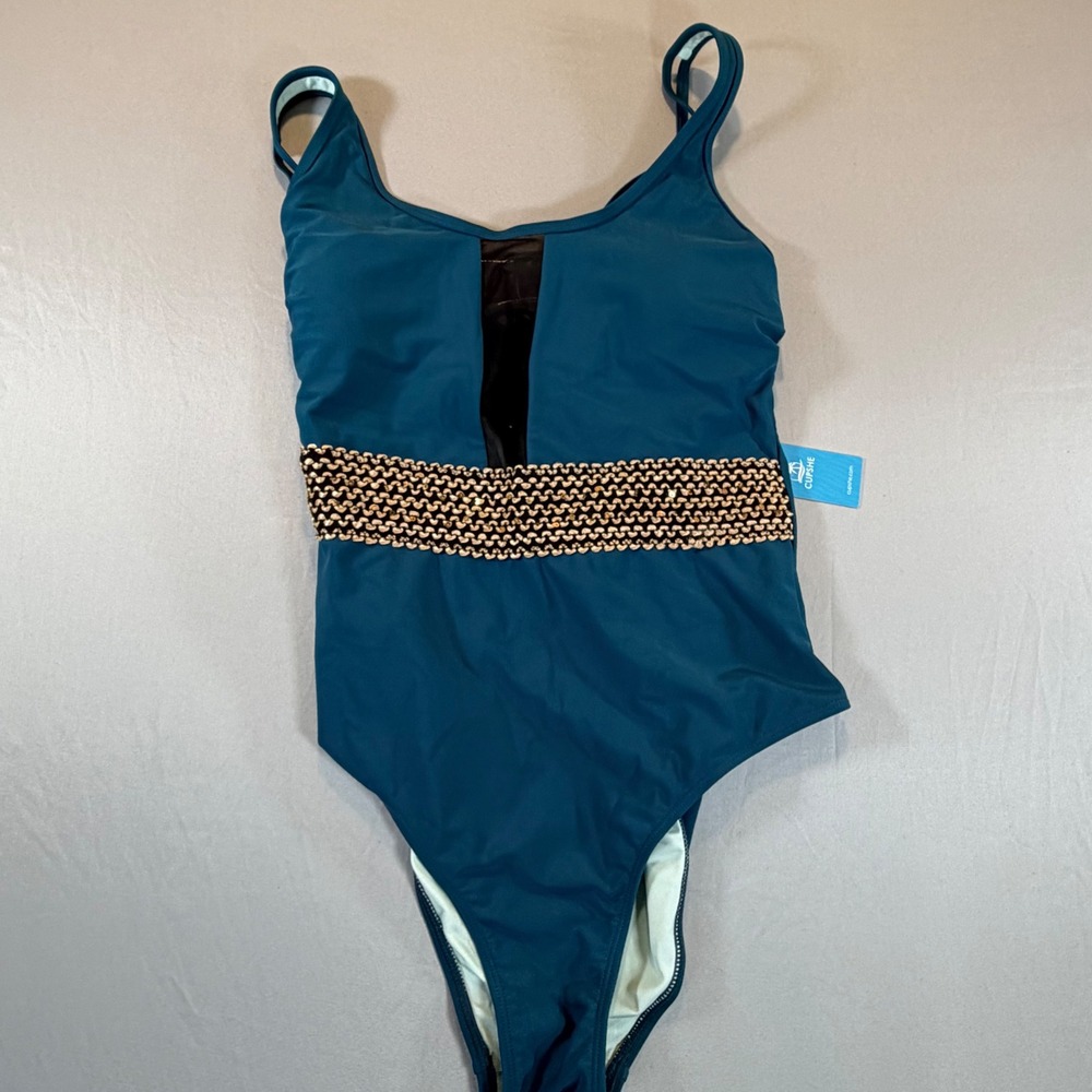 Cupshe Teal Blue One Piece Swimsuit Mesh Plunge Gold Belt Tummy Contouring NEW